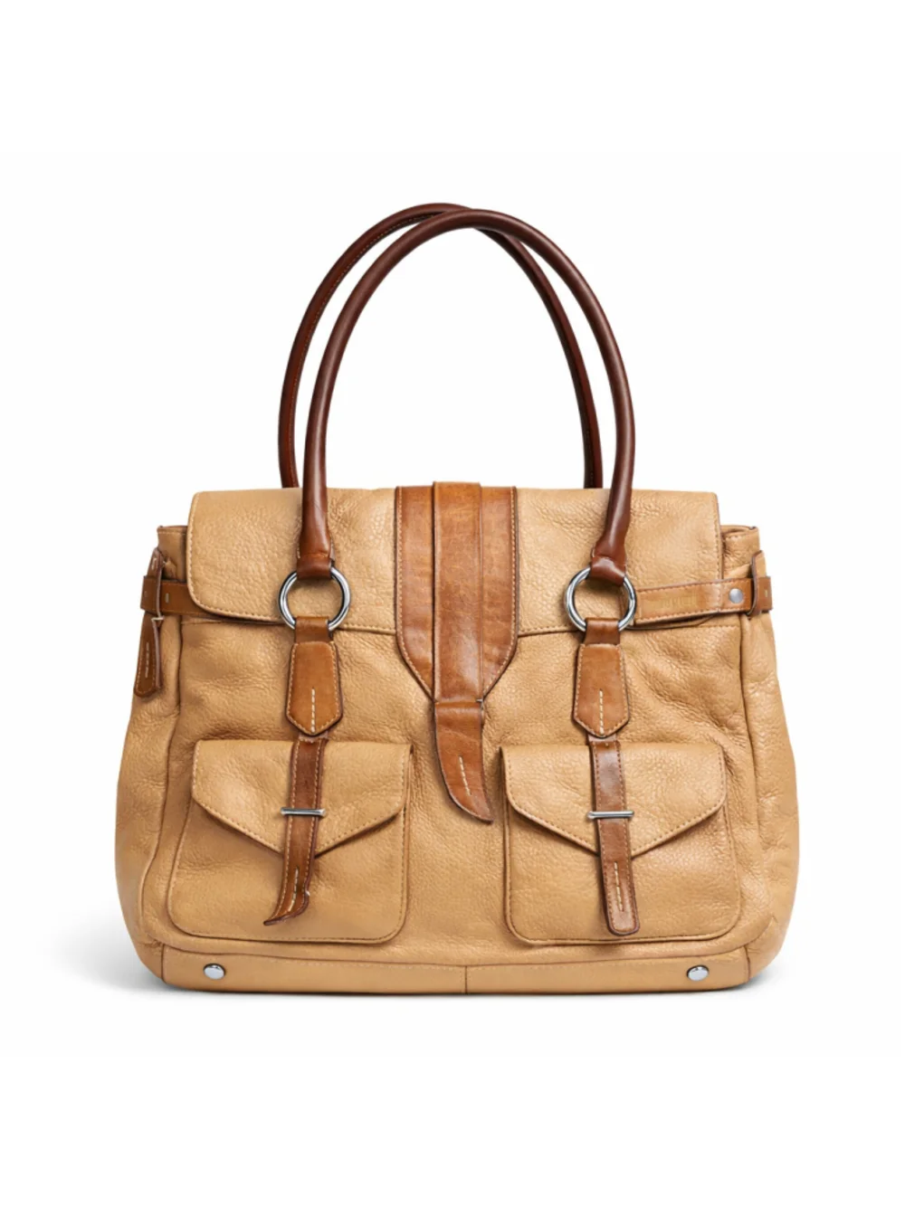 Tumi Tan & Cognac Leather Satchel Tote Double Pocket Ring Handle Bag